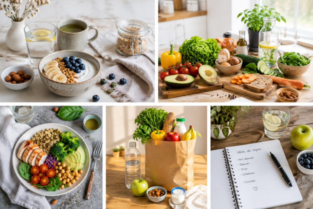 Nutrition équilibrée : fruits, légumes frais et repas sains